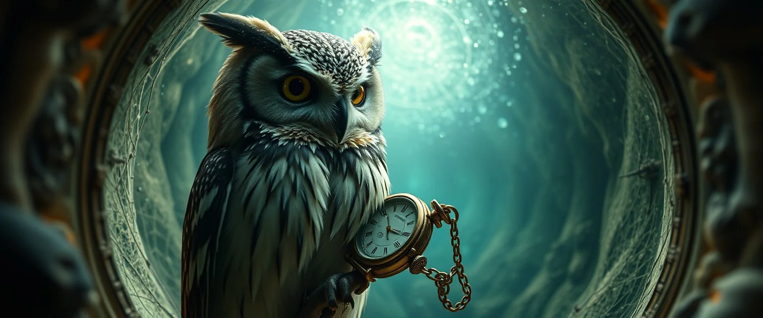 close up of owl abraxas in the fish eye web, interdimensional portal, with a pocket watch with a chain in its claw