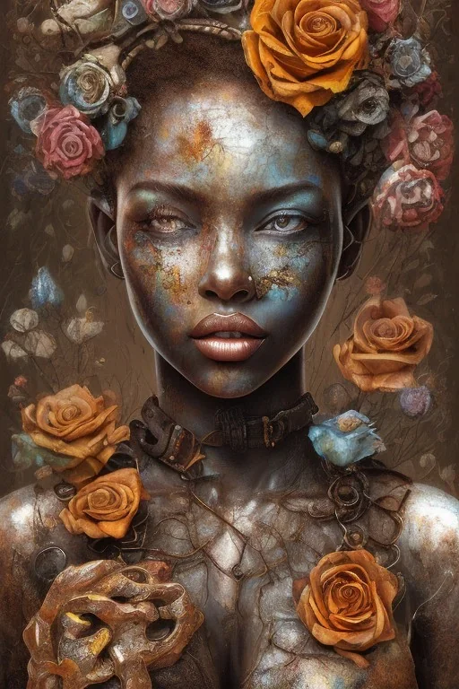 an abstract painting of rusted metal and flowers, heart filled with love African slave lady working so hard, rust, scaffolding, iron cladding, decay, mixed media, textured, anatomically correct, beautiful perfect face, sharp focus, highly detailed