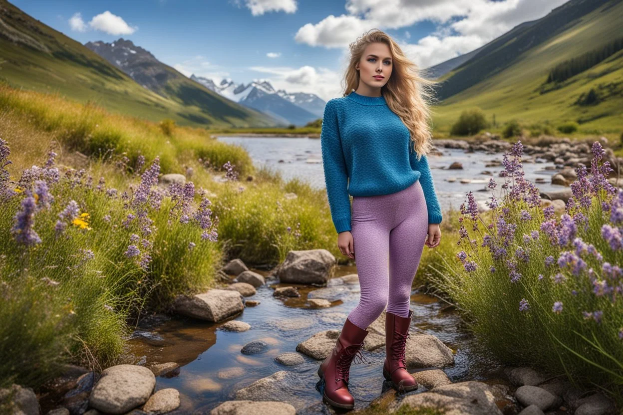 country side ,blue sky , mountains, pretty clouds ,small rocky river with clear water small rocks in floor,wild flowers,beautiful 18 year old girl with ash blonde hair and blue eyes with her curvy hair down, wearing a long-sleeved woollen top, and lilac long leggings, with long red boots full body standing pose shot