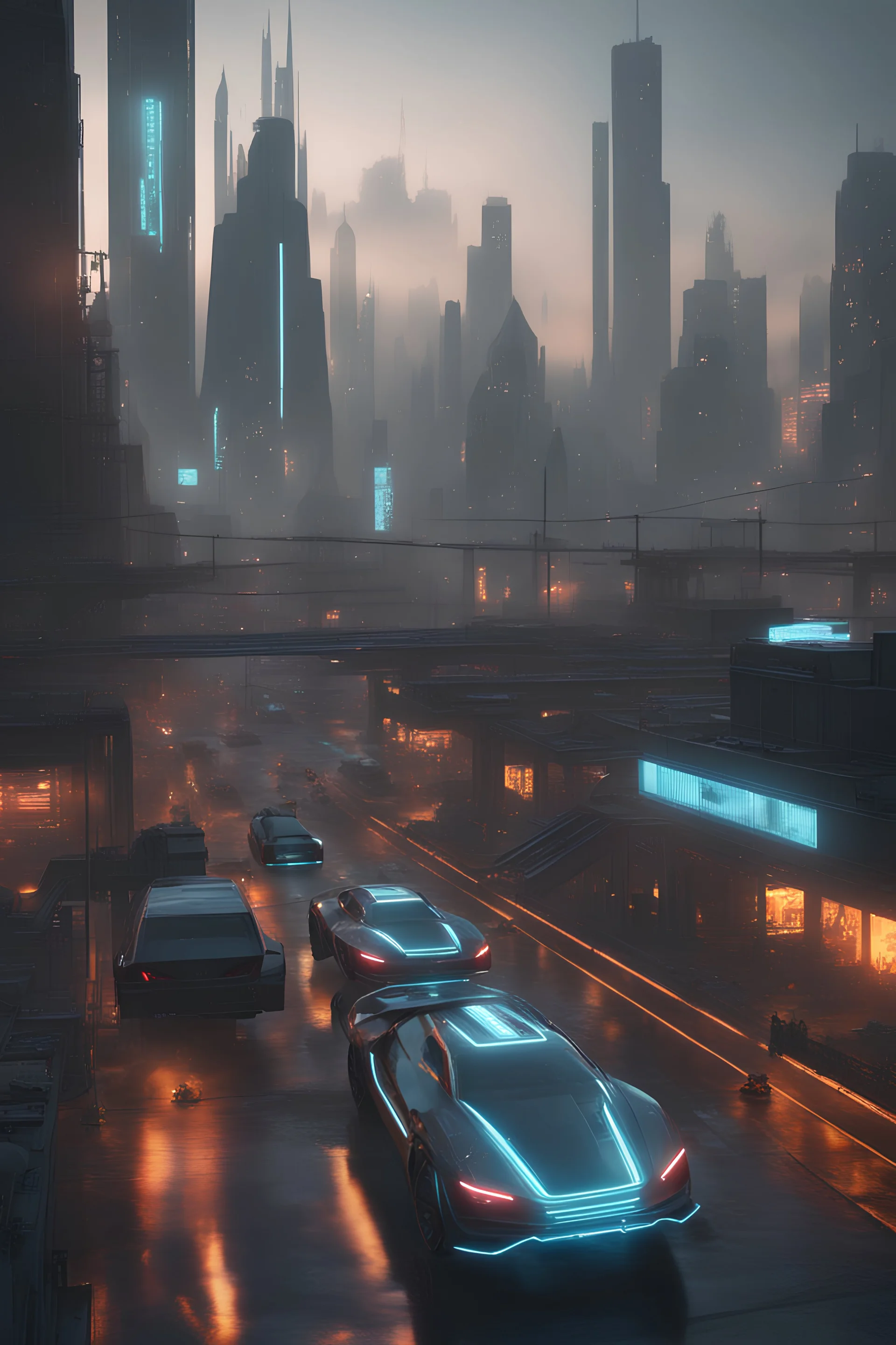 Dystopian Cyberpunk City, realistic 3d render, 4k resolution, look at the city street with hover cars and augmented humans