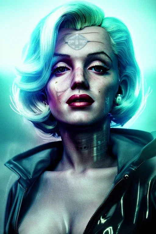 Ultra Realistic image, portrait, blonde woman, sweet Marylin Monroe face, perfect iris, glow eyes, glow makeup. Cyborg, Cyberpunk style, latex coat, tattoos body. fog, rain, soft color, highly detailed, unreal engine 5, ray tracing, RTX, lumen lighting, ultra detail, volumetric lighting, 3d, finely drawn, high definition, high resolution.