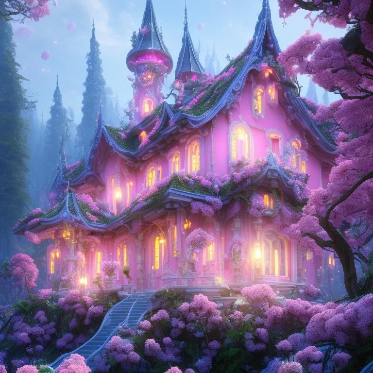 a magical flower bleu pink house in the woods, pink vertical, blue lake,sharp, vines, candlelit, endor, ornate, elegant, highly detailed, artstation, concept art, smooth, sharp focus, illustration, 8k, splash art, wallpaper, key visual