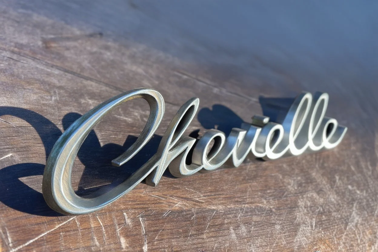 "Chevelle" metal nameplate 3d metal with shadow, on top of scratched wood surface