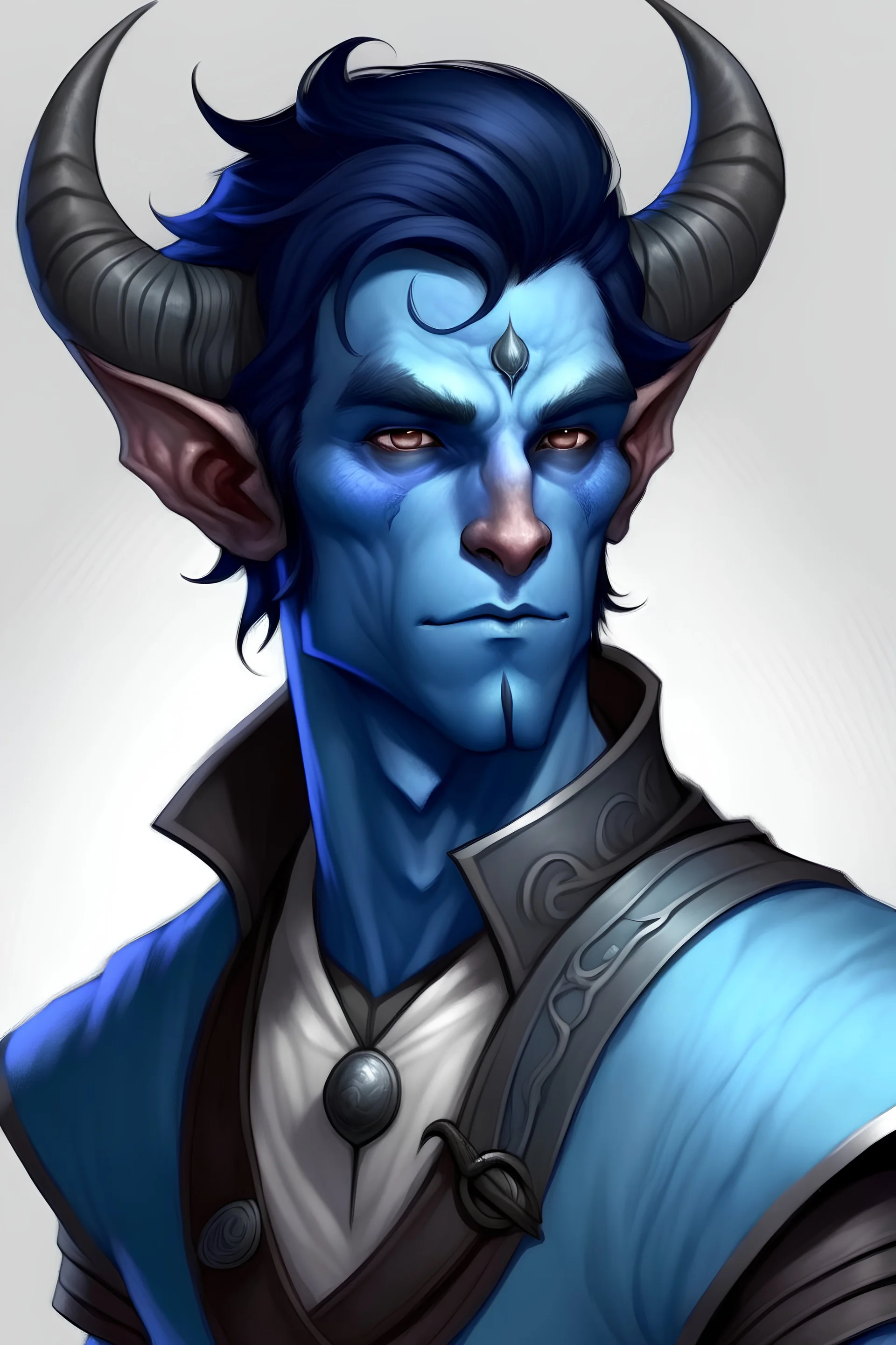 Male tiefling, pale blue skin, dark blue hair, blue eyes