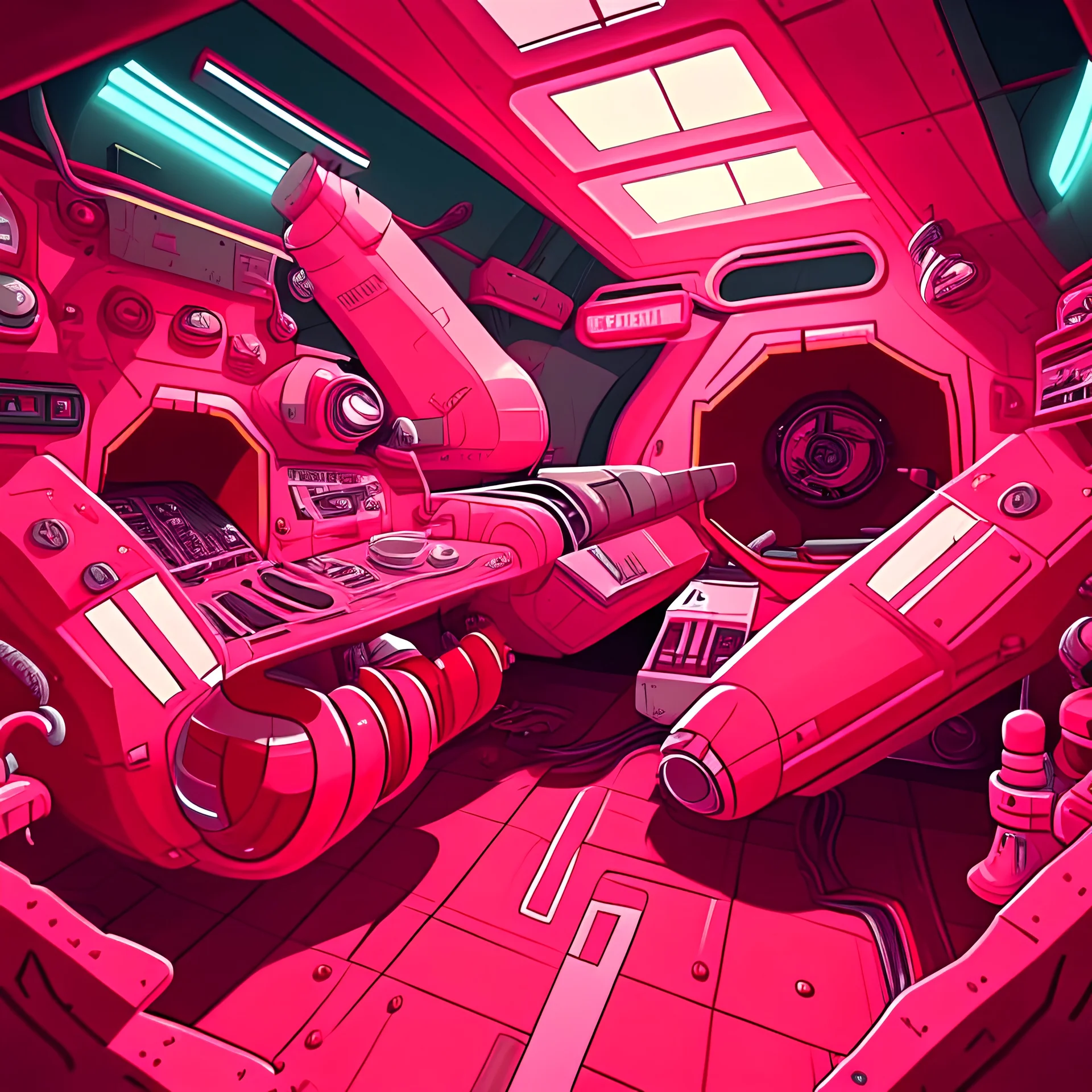 Cartoon futuristic dark red, red, pink, and white spaceship Interior Engine room