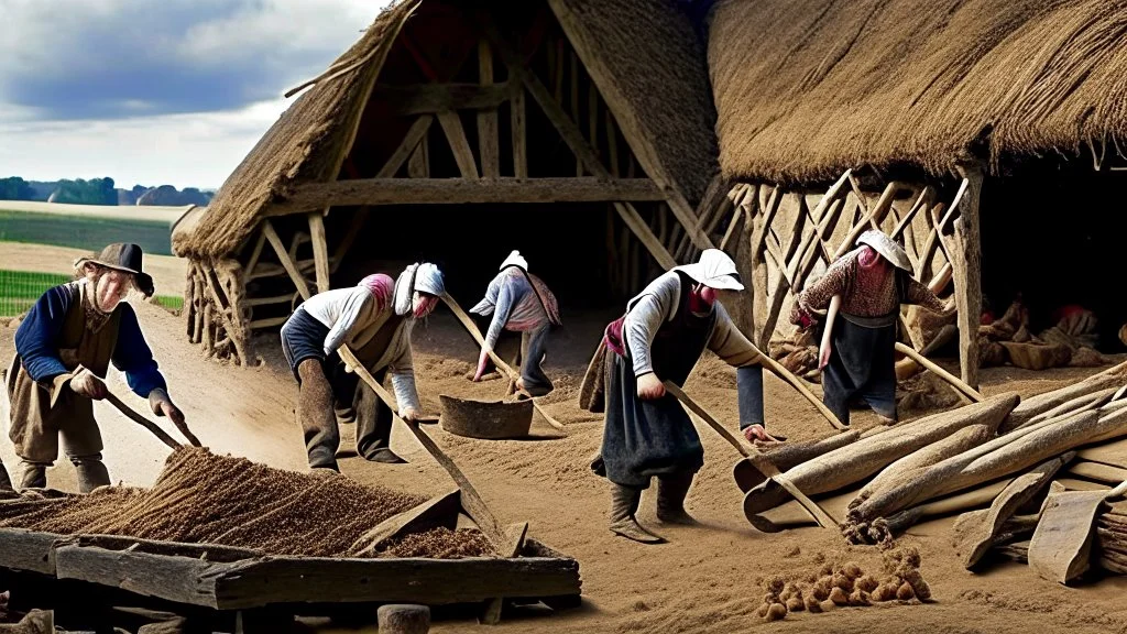 young and old people working in the field near medieval barns