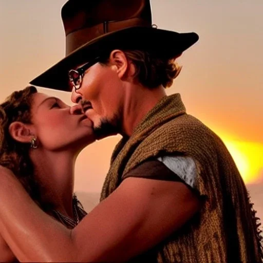 johnny depp as indiana jones kissing a model. at sunset, in egypt.