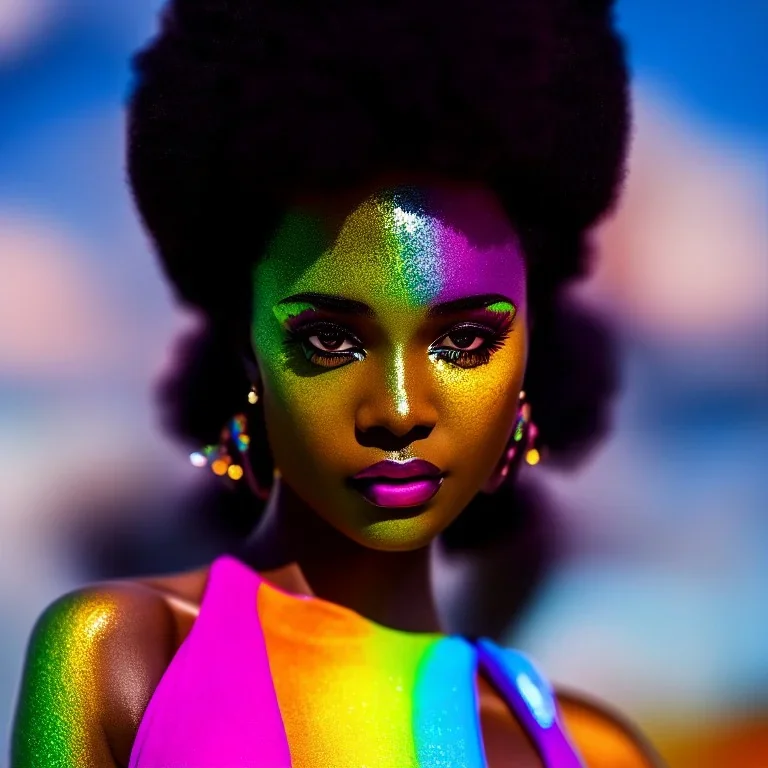 masterpiece, best quality, woman, dark skinned, sparkling eyes, fluorescent skin, colorful makeup, afro, full body shot, highly detailed body, sun light, 4K, RAW, depth of field, high contrast, realistic details, 24mm