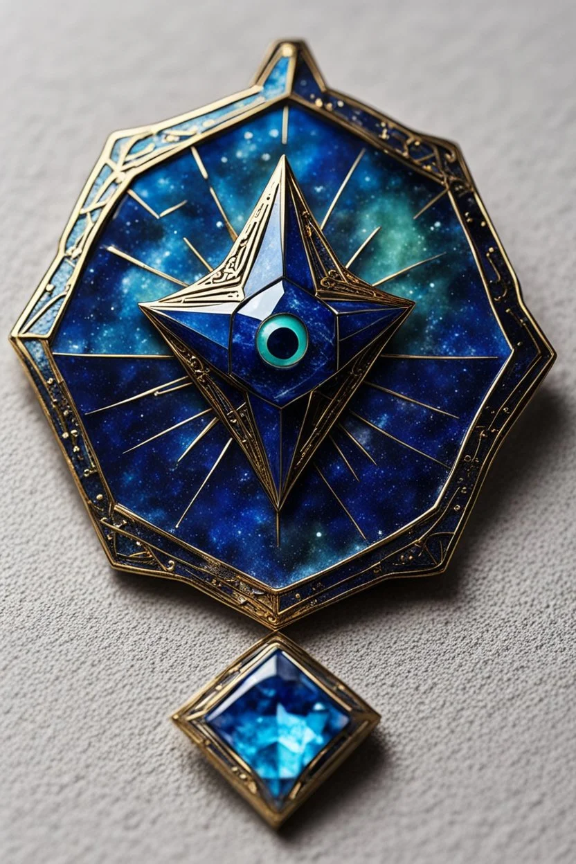 the symbol of an ancient Catalan female vampire coven , in the form of highly detailed 12 sided star worked in lapis lazuli, aquamarine, and jade, with the all seeing eye at its center lapel pin, in the graphic novel style of Bill Sienkiewicz, Jean Giraud Moebius, and Enki Bilal