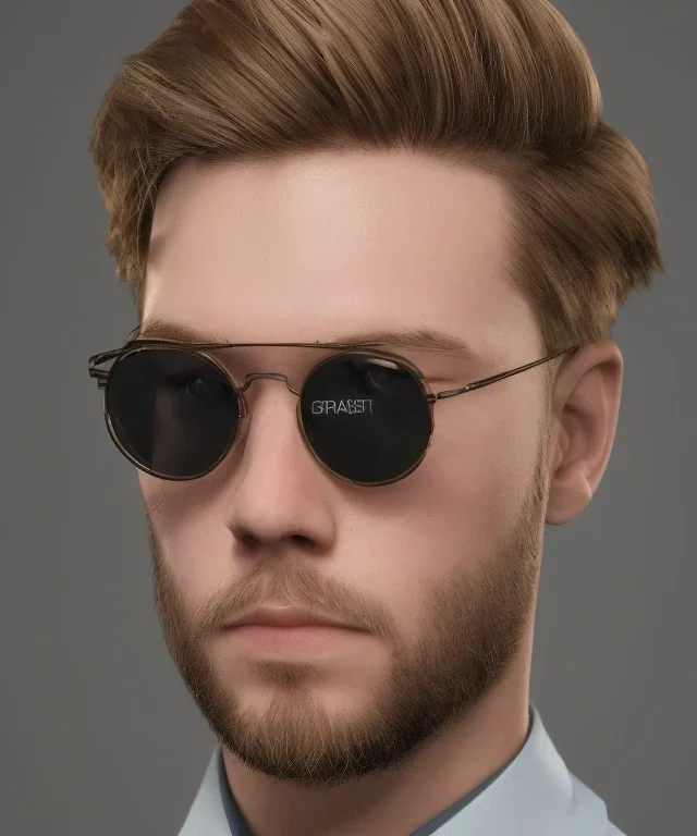 a young man, BLONDE hair, beard, green eyes, glasses, anime, deep colors, cyberpunk, great pose, Realistic photography, incredibly detailed, ultra-high resolution, 8k, complex 3d render, cinema 4d.