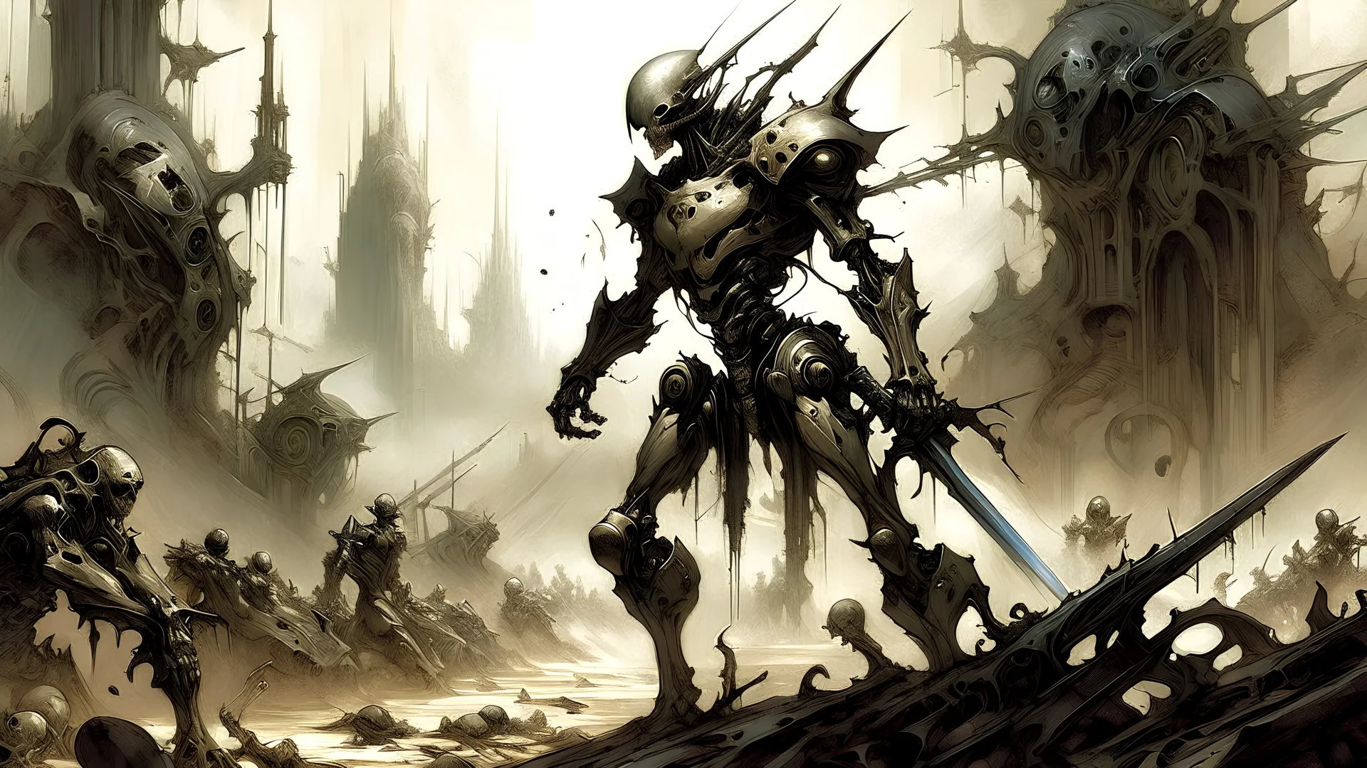 Illustrate a mesmerizing dystopian battlefield where biomechanical behemoths engage in a captivating dance of destruction. Blend the artistic influences of Frank Frazetta and Jean Giraud to capture the grace and chaos. Utilize Luis Royo's precision to showcase the intricate biomechanical components and emphasize the stoic, menacing aura of terminators."