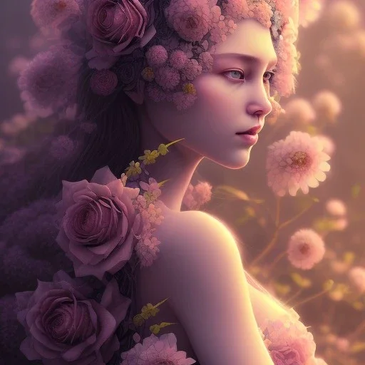 flower beautiful girl,utra realistic,highly detailed, sharp focus, insanely detailed, parallax flowers, honeybee, fantasy art, intricate detailed, elegant, fog, Special Lighting, Vibrant, color Scheme, forest, unreal engine 5