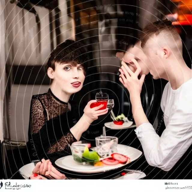 Russian guy young widow boyish boylike short man's haircut men's face boyish features in black girlish lacy cocktail dress as mother in restaurant