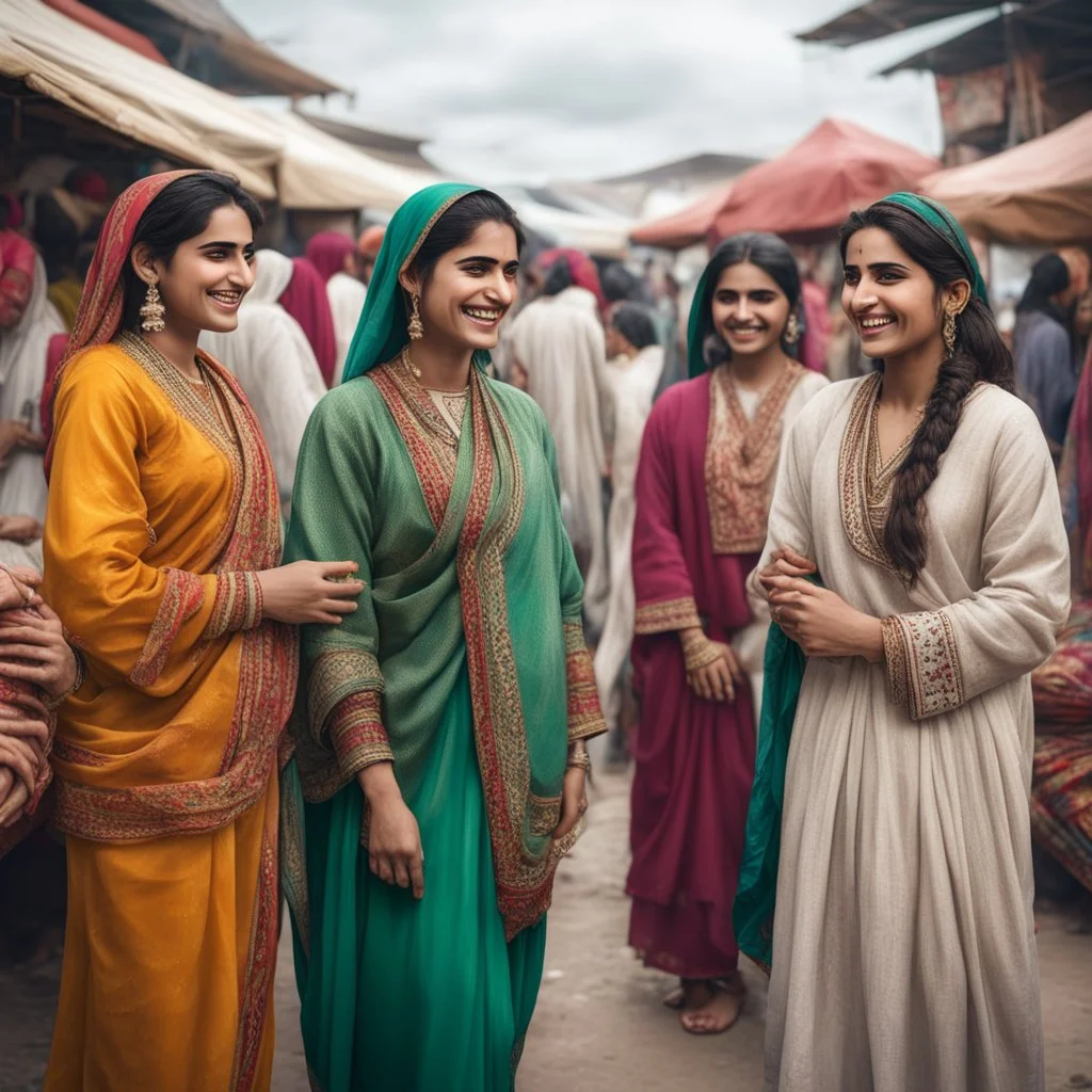 Hyper Realistic Traditional Pakistani girls & women smiling & talking to each other & wearing traditional desi cloths at cloudy weather in a market with lots of other people