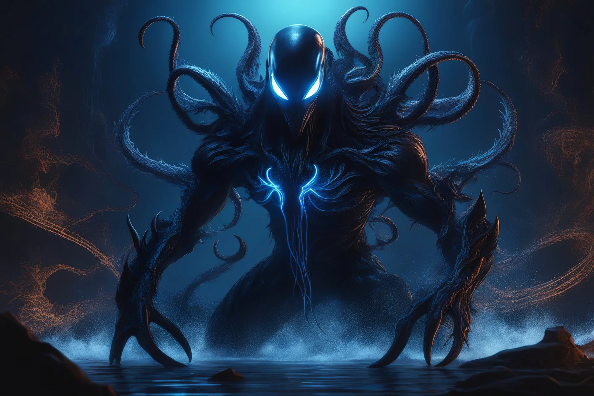 Huge symbiote in 8k solo leveling shadow drawing, Cthulhu model, neon blue lights, sea, intricate details, highly detailed, high details, detailed portrait, masterpiece,ultra detailed, ultra quality