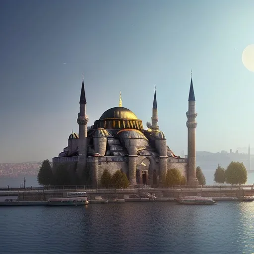 Sultanahmet Istanbul standing back to back under sky, landscape lake, sunset, illustration concept art anime