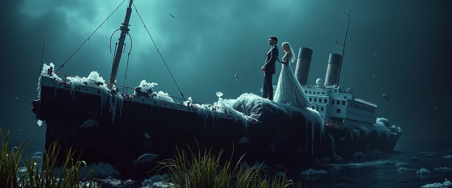 A Hyper Realistic and Hyper Detailed frozen bodies Of Jack And Rose Of Titanic standing in their romantically signature pose On The Edgy-Top Of The Dark Destroyed Massive Titanic Shipwreck sank in the deep of the ocean, the dark destroyed shipwreck gives the haunted creepy vibe, water grass & piranha fishes showing Dramatic And cinematic Ambiance.