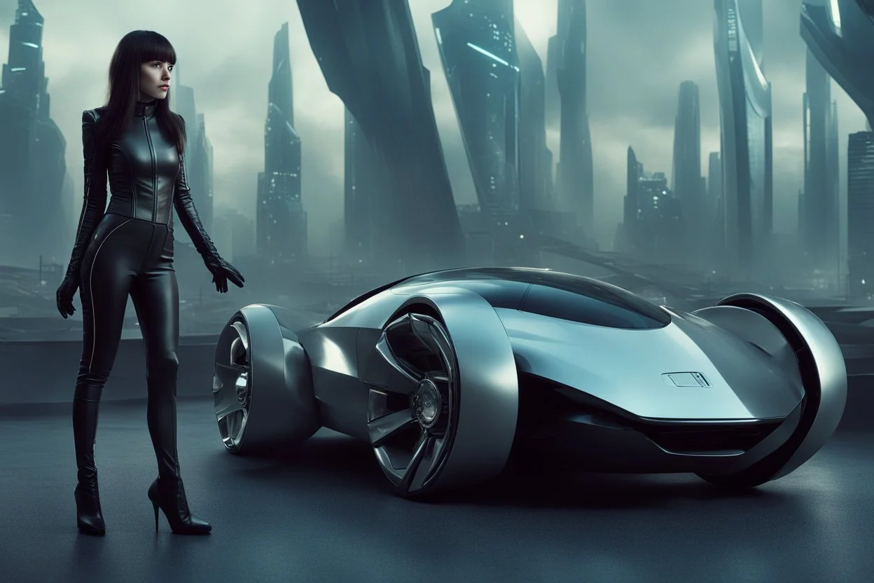 A Full-Length Pale Dark-Haired Woman With A Straight Bob Hairstyle With A Fringe, In A Futuristic Leather Outfit, And Gloves, Standing Next To A Futuristic Car, in a futuristic city