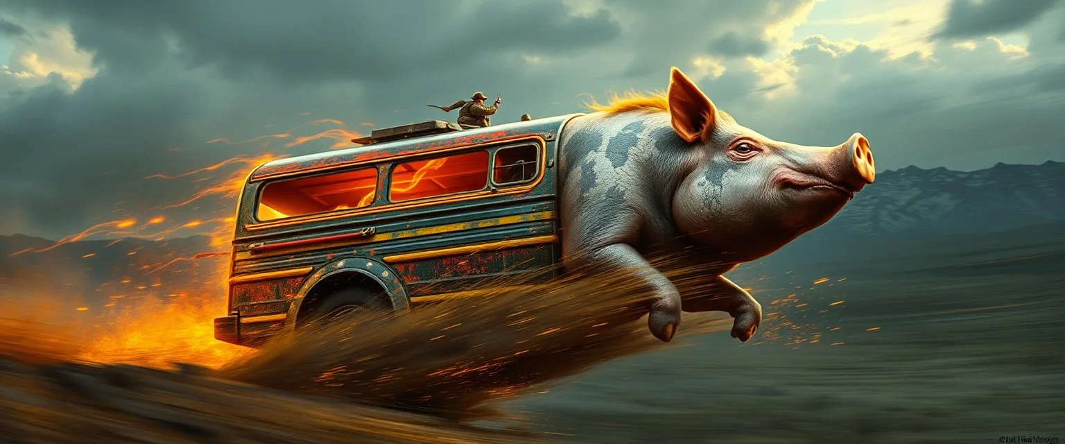 so freaking fast, faster than a greased muscle shiny cowboy disco funk fusion pig on a runaway mud buss jumping over the cliff . speed and energy, painted by Rembrandt and fallout 4