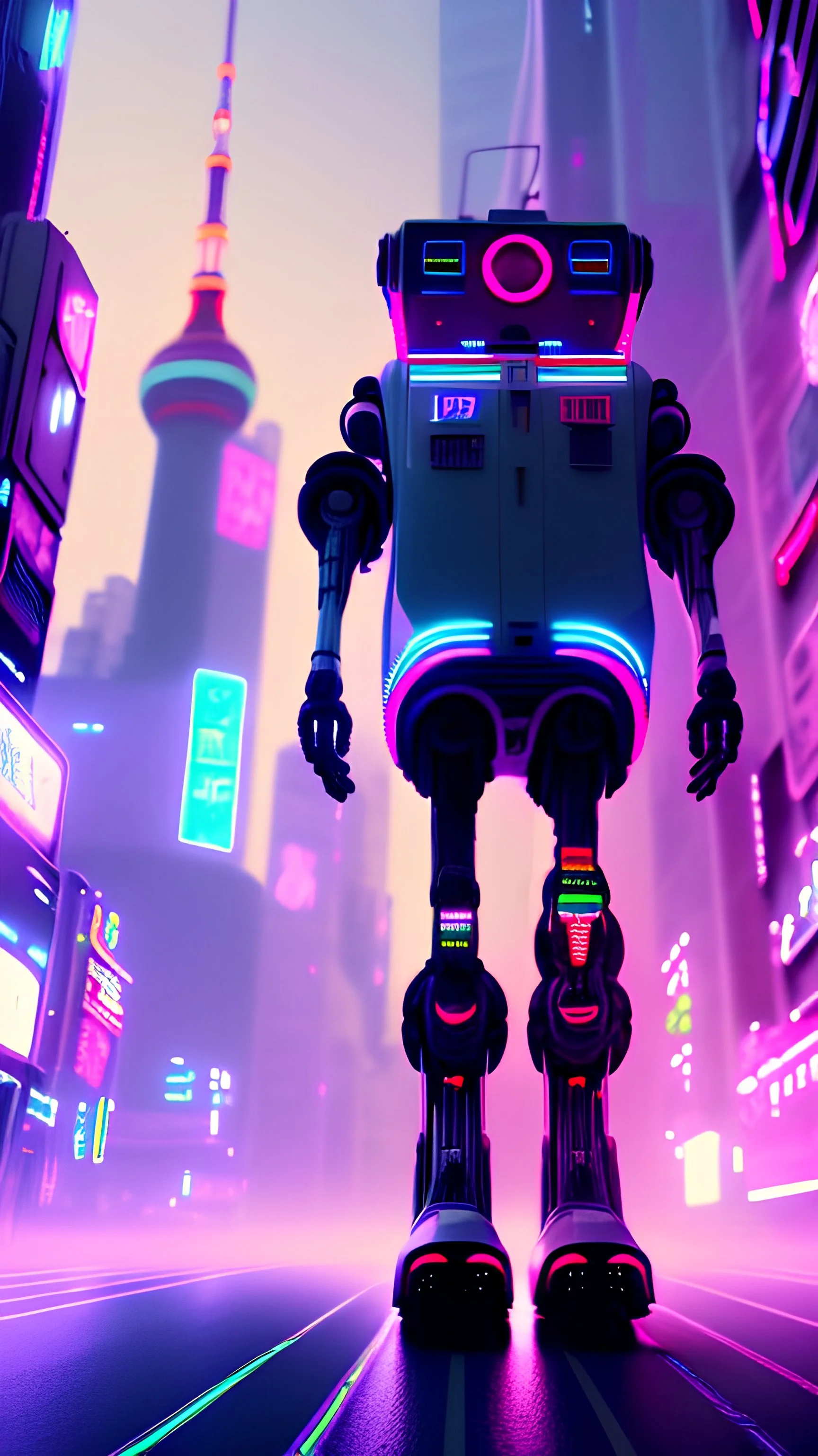 80's Retro, vaporwave, neon lights, city Dystopia, giant futuristic CAT walking towards us with one robotic leg, suburban, tokyo, akira, village, ultra octane render, ultra high detail, 8k