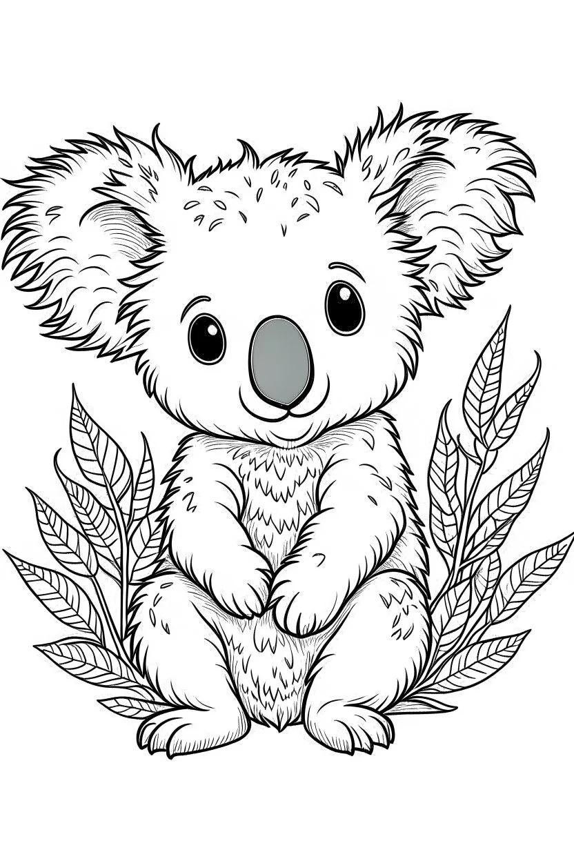 cute coloring page, sketch style, cute baby koala in the jungle, cute cartoon, white and black, withe background, no shadows, outline.