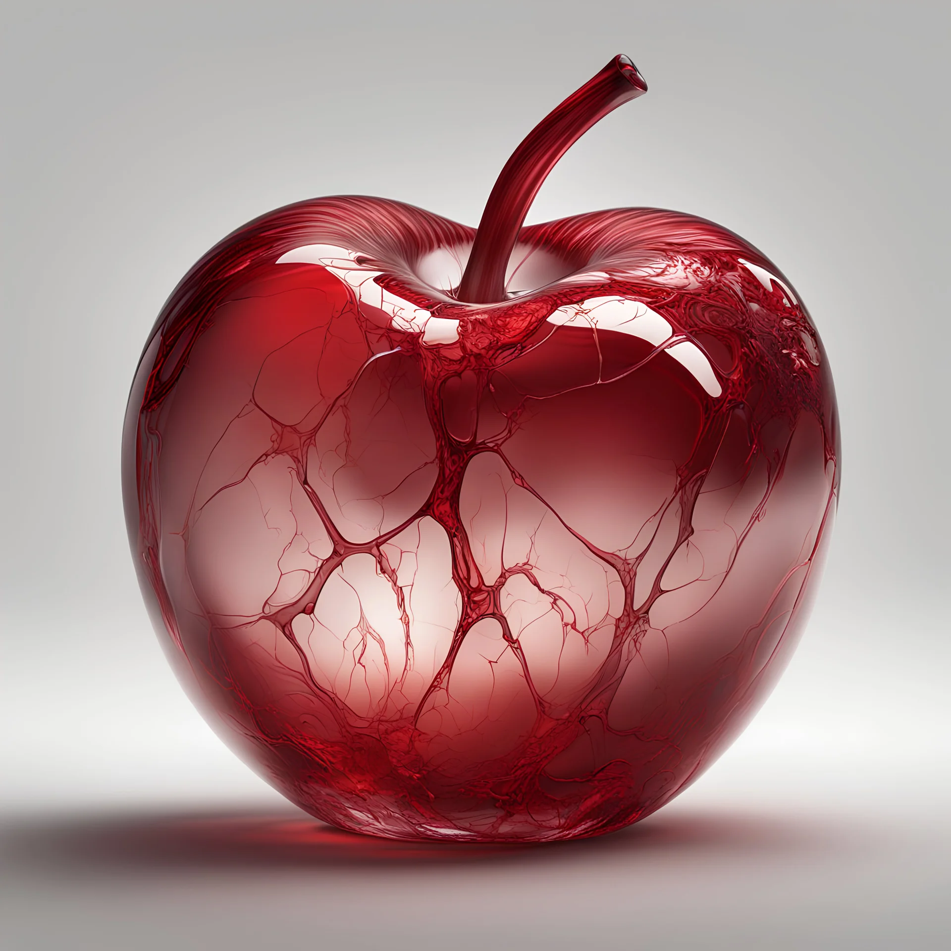 Produce a detailed and photorealistic 16K resolution CGI fine art image of a transparent apple crafted from fragile red glass. The apple contains numerous delicate cracks. It is positioned against a stark white background that presents a striking contrast. The image features intricate and exquisite details, with the apple looking incredibly lifelike, and its structural elements detailed to perfection. The lighting conditions are natural and dramatic, encouraging the reflective surfaces of the he