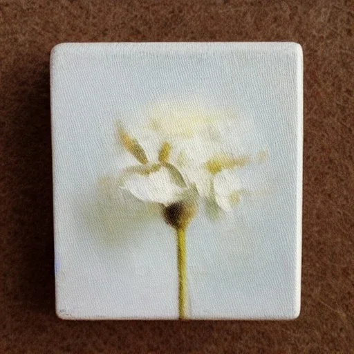 tiny oil painting of single long stem pressed flower, tiny white canvas, tiny white frame, melancholy, tender, moody, vintage, delicate arrangement, beautiful composition, etsy, aesthetic layout, plain solid white background