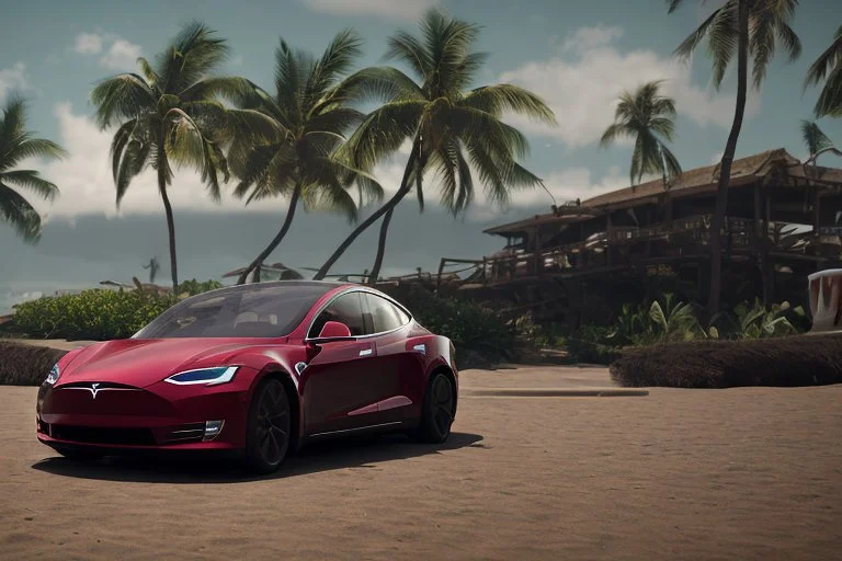 A Tesla 'Model 3' is parked, at the beach of Waikiki in Hawaii. CINEMATIC. WIDE ANGLE LENS. PHOTO REAL.
