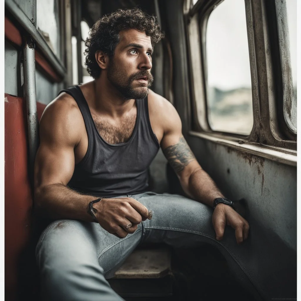 photography of a burly ugly beefy sicilian farmer 32 years old man sitting in the train, relaxing, in tank top and boxer, bulge, tattoo, broken teeth, serious, short beard, curly hairs , view from below, photorealistic, side lights, Ground-Shot Angle