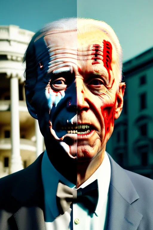 Ultra realistic image, joe biden zombie, zombie performance, suit, skull, blood, torn arm, night, walking twisted, waist up view, thriller style, dark ambient, highly detailed, White House background, concept art, unreal engine 5, god rays, ray tracing, RTX, focal lighting, ultra detail, volumetric lighting, 3d, finely drawn, high definition, high resolution.