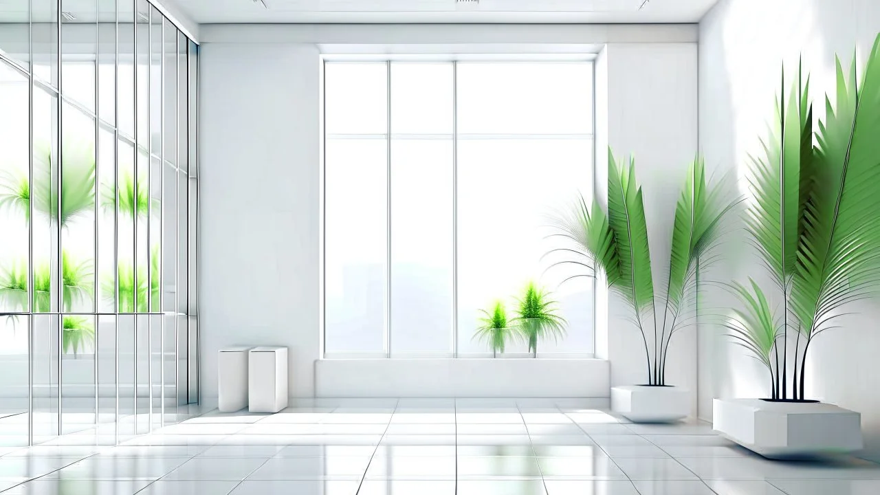 Minimalist background for video calls. Mostly white and serene, futuristic, with a very wide window and with some plants outside.