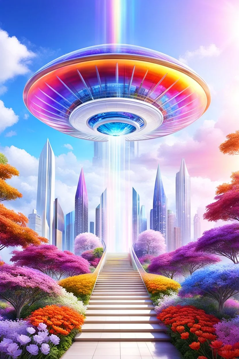 Ufo rainbow, futuriste ultra moderne,stairway to heaven,crystal very beautiful city,flowers garden