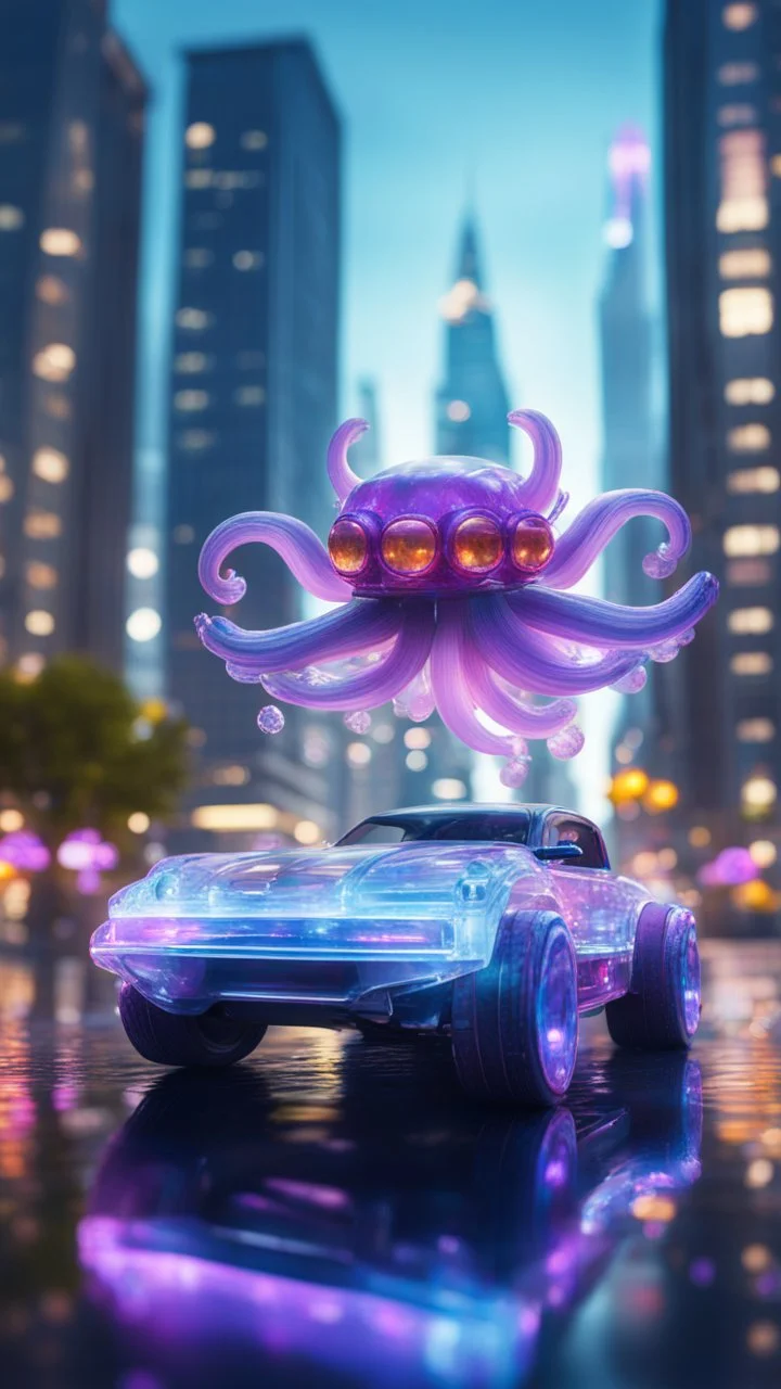 Neon squid fraggles driving a transparent crystal transformer car tanks standing on top above sky scrapers in fountain in the style of Escher, bokeh like f/0.8, tilt-shift lens 8k, high detail, smooth render, down-light, unreal engine, prize winning