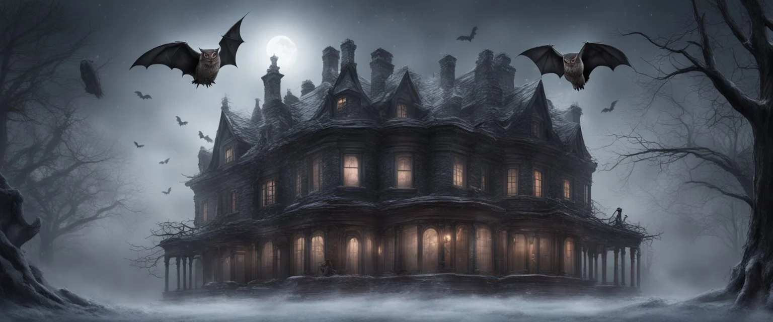 Hyper Realistic bats flying behind a huge dark mansion with owl sitting on dry old tree at a foggy snowfall night