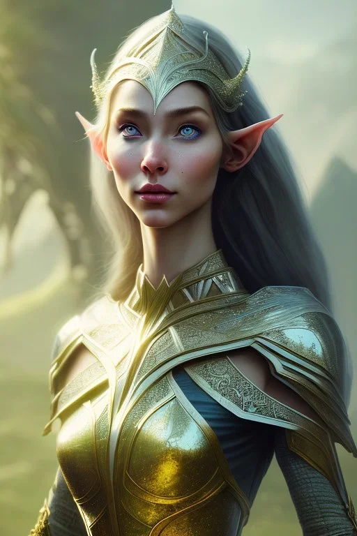 elven young woman, wearing light dress, happy expression, visible ultradetailed cute femine face armonious 2 legs 2 feet 2 hands and 2 pointy ears, luminous weather, field in the mountains, ultra realistic, concept art, intricate details, highly detailed, photorealistic, octane render, 8 k, unreal engine, art by artgerm and greg rutkowski and charlie bowater and magali villeneuve and alphonse mucha