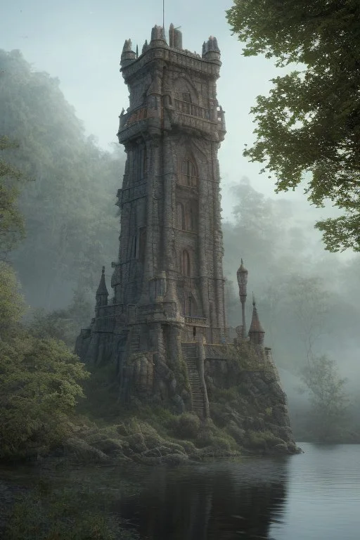 two-story Fantasy Gothic Tower with An Observation Platform, On A Rocky Island, In A Lake, In A Fantasy Woodland, with a bridge