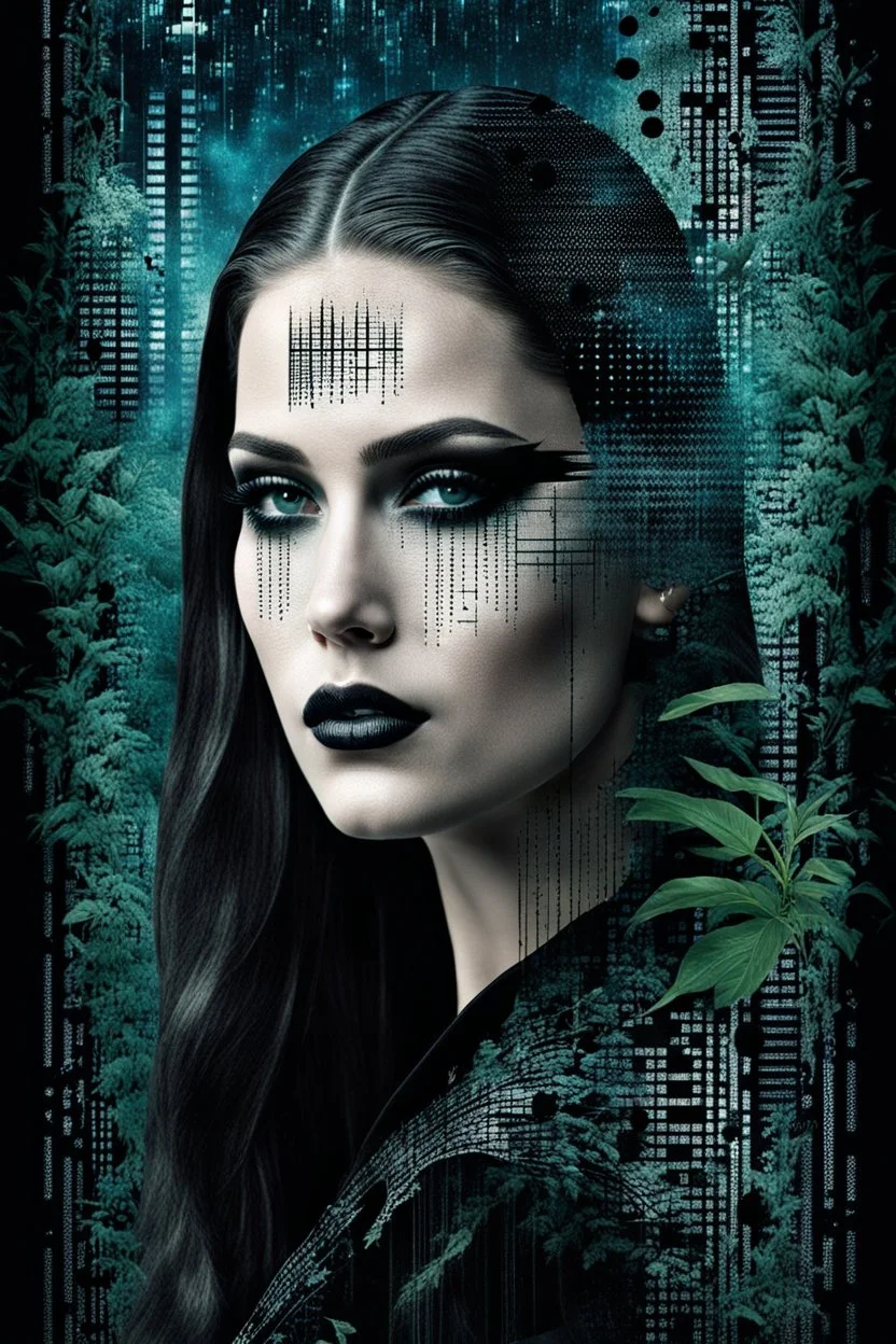 double exposure collage portrait from digital wall in the matrix with binary codes, numbers, strange dark colors plants, shadows and thin black sharp lines with shadows and dark spots. The zippered edge of the photo is down and the background is a young woman's pale face gothic make up, long, big hair. high detailed, cinematic, thriller mood, dark weird art style