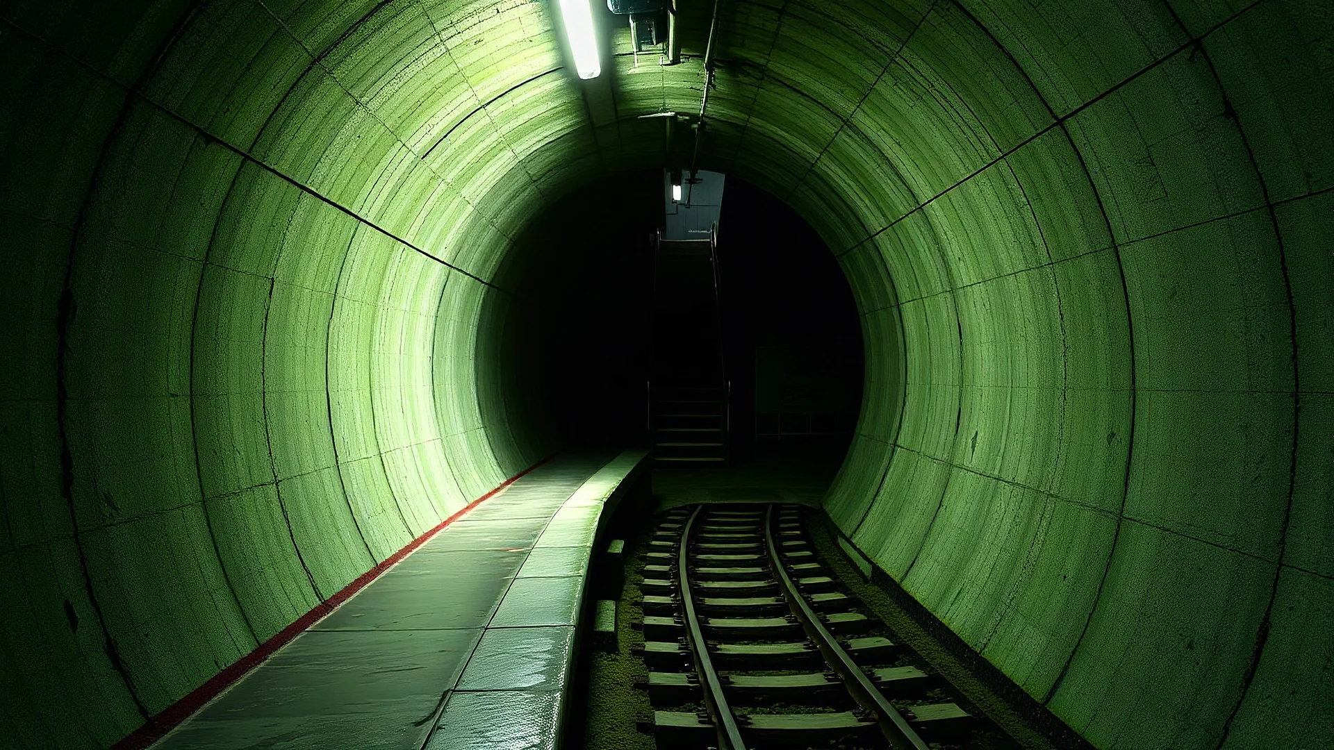 GAME CONCEPT ART .two poin perspective.Station platform and stairs from side .photograph inside of hole .very big ambient.gient station.Inside the old subway tracks, . Low light and closed green moss walls. Like the original design of the game space ,digital art.landscape,far camera old painting,2 Chen and George Hopper, Rembrandt lighting, a dark green color scheme, . --ar 13:16 --v 6. 0 metro game
