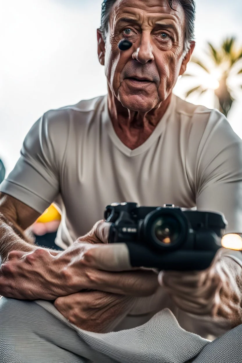 sylvester stallone, Shot with Canon EOS R5, 50mm lens, depth of field, shutter speed 1/1000, f/2.8, white balance, 6000k. High resolution, realistic detail, HDR effect, film grain, 4K –ar 16:10 –s 700 –q