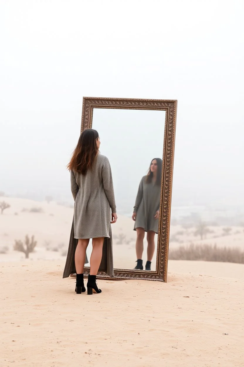 a woman standing in front of a mirror with reflection of her in a big city in the mirror, in the middle of the desert in foggy sky