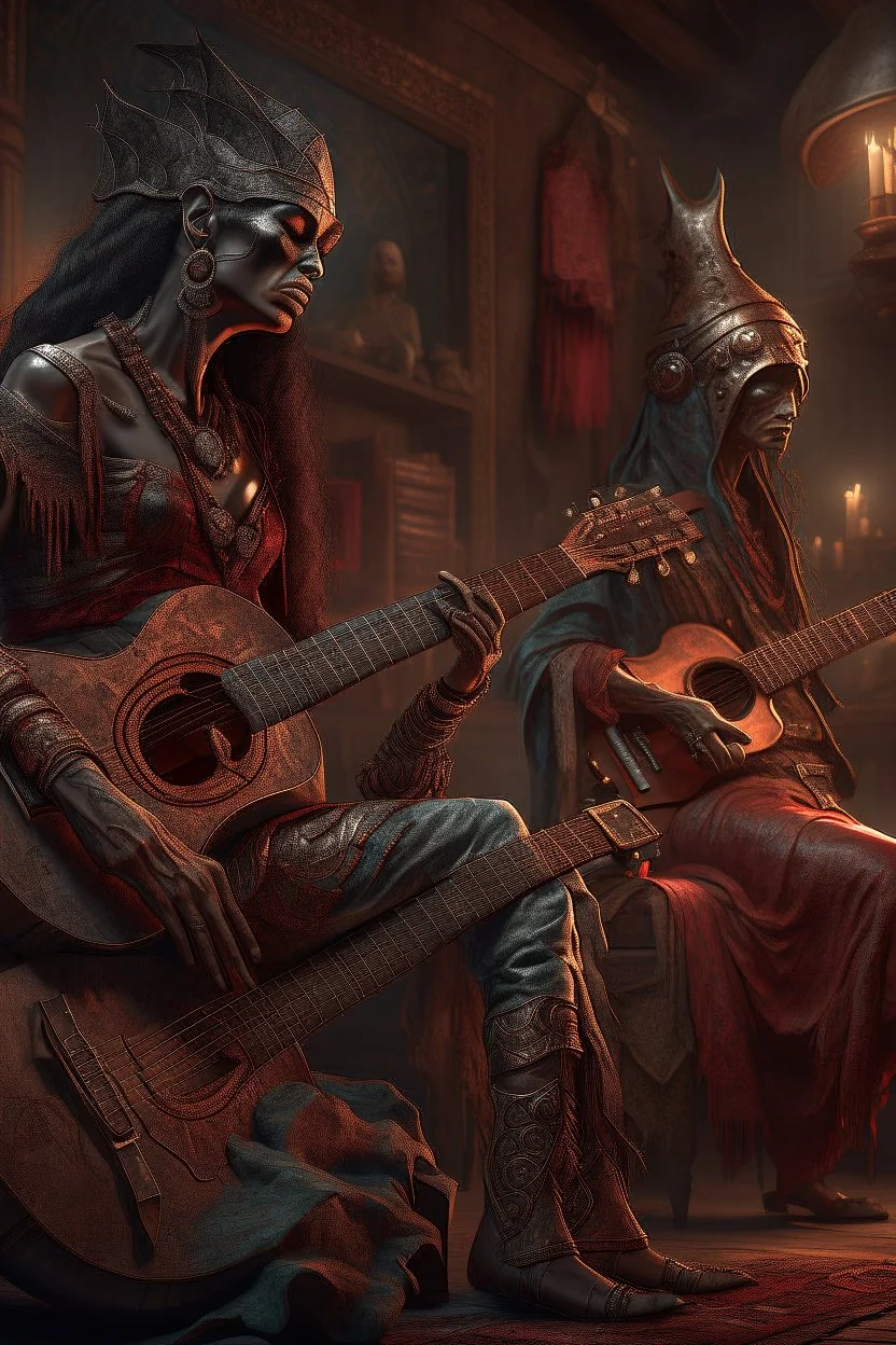 Bosch nightmares paint inf style Title: "gypsy dancer and guitar player , insanely detailed octane render trending on artstation, 8k artistic photography, photorealistic concept art, soft natural volumetric cinematic perfect light, chiaroscuro, award-winning photograph, masterpiece, oil on canvas, Raphael, Caravaggio, Greg Rutkowski, people, beksinski, Giger