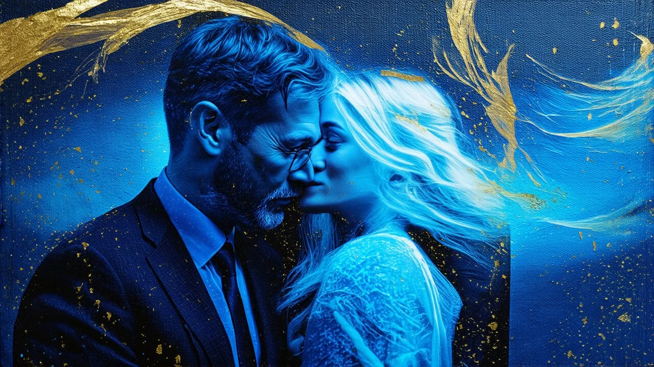 old worn canvas, mixed media, multiple exposure, layered, embossed, fine art luminous soft watercolor, glitter, mid ground, luminosity, highlights, shine, light effects, gold fragments, fine art luminous, portrait of Man and Woman, wind, blue space, clear lines, layered, blending, textured, surreal, 3D, 8K, best quality, fine rendering, high detail, hyperrealism, high resolution, high definition, layered, pin sharp, hyperfocus, vignette