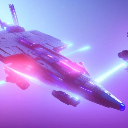 a crystalised blue pink spaceship, gold, diamonds, lightbeams, cosmic background, atmospheric, realistic, unreal engine, 8k. Cinematic lighting, octane render.