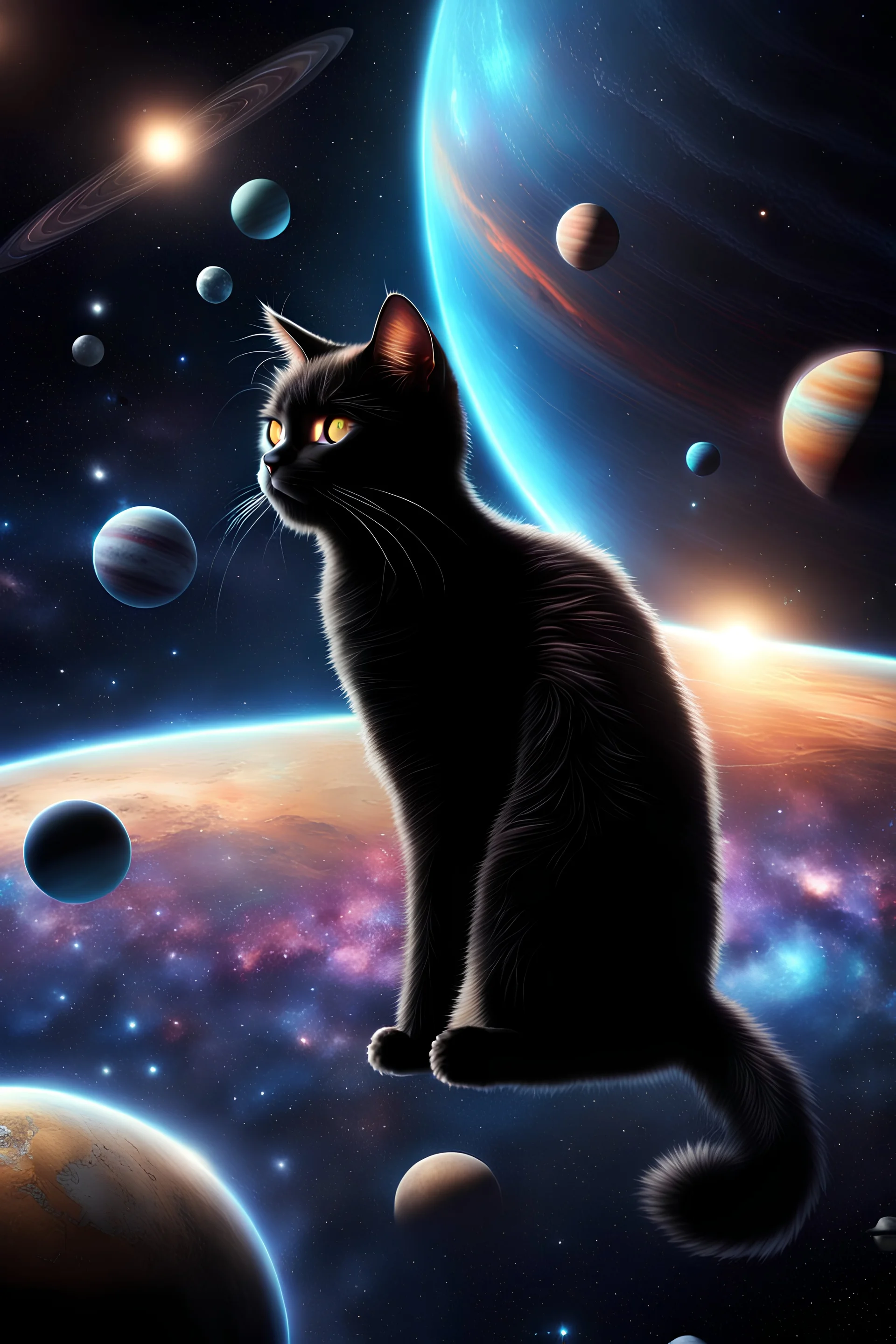 A galaxy's deepest horizon and a black cat flying over the planets, 8K resolution, high quality, ultra graphics, and detailed with lines.