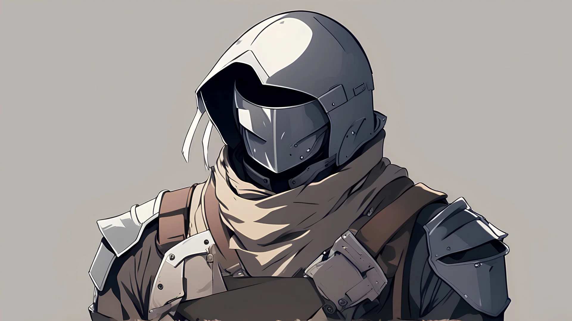 guy with a knight helmet covering his face in modern military clothes in anime