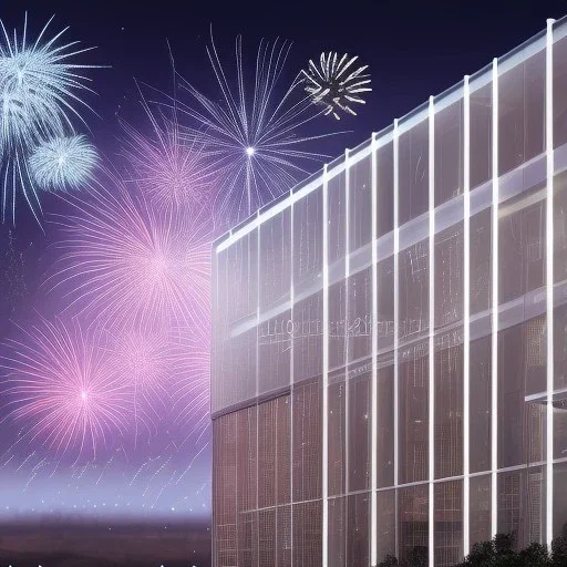 3d render of lawyer office, showing through the windows the new year fireworks outside, at night, hyper realistic, 4k