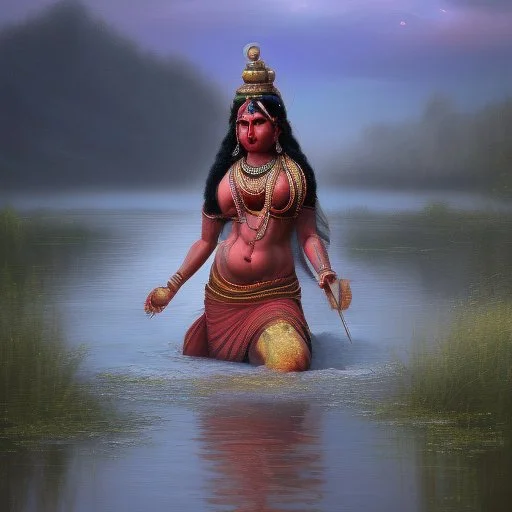 An oil painting of goddess Kali crossing a lake