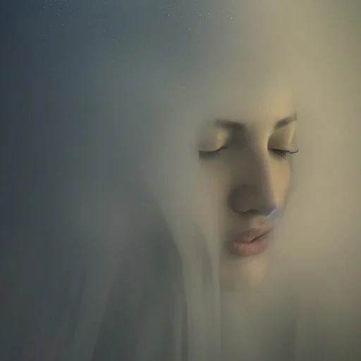 clouds of fog as woman's face, dissolving, disintegrating, wearing blue hijab, fine detail, highly intricate, wearing blue hijab, modern surrealism painting, high-quality, volumetric lighting, 8k, ultrahd, George Grie, Marco Escobedo, Igor Morski,Brian Froud, Howard Lyon, Selina French,