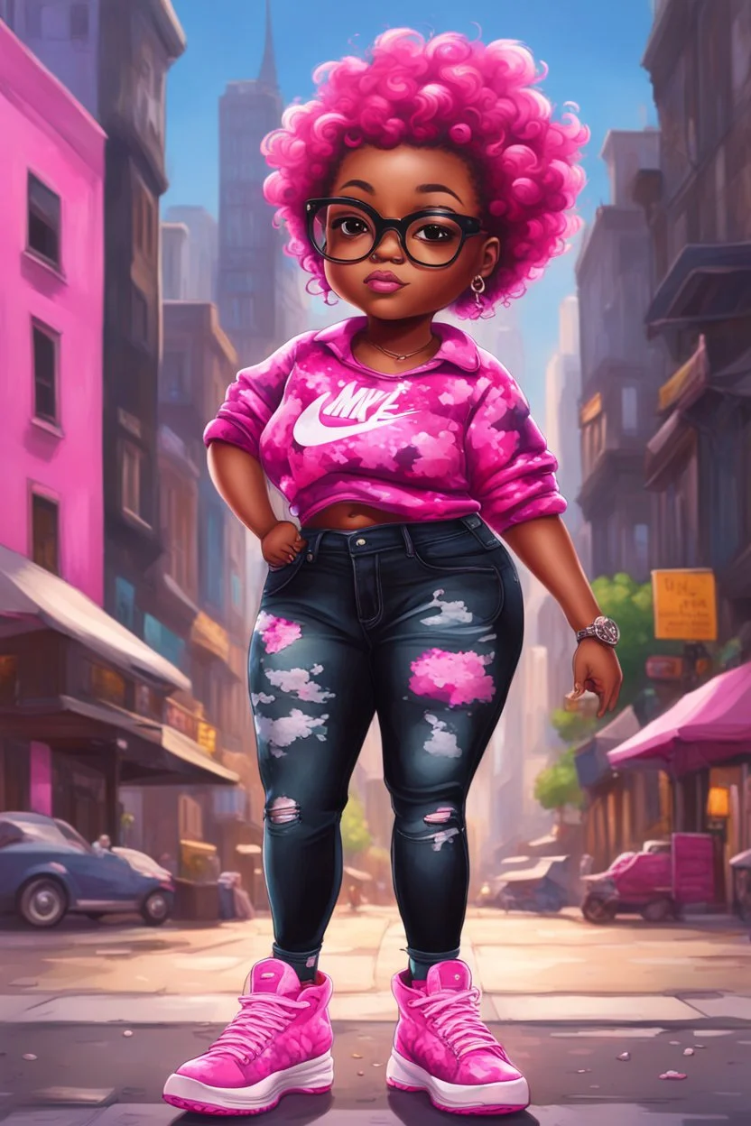 create an oil painting illustration of a chibi cartoon voluptuous black female. Wearing a tye dye blouse and tight black jeans with hot pink Nike sneakers. Prominent make up with hazel eyes and she is wearing pink glasses. Extremely Highly detail of a very low platinum shiny black pixie haircut. Background of a busy city street. 2k