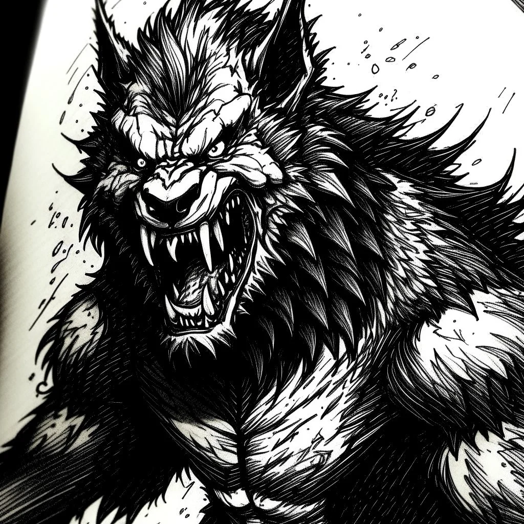 A black and white drawing, a werewolf A DRAW